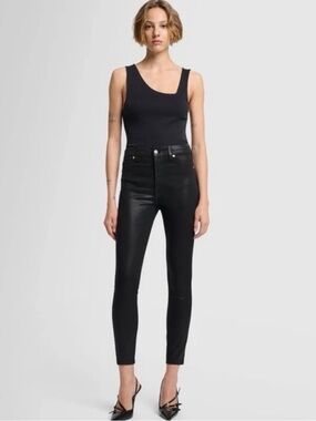 7 For All Mankind High Waist Ankle Super Skinny Jeans in Black Leather Coated
